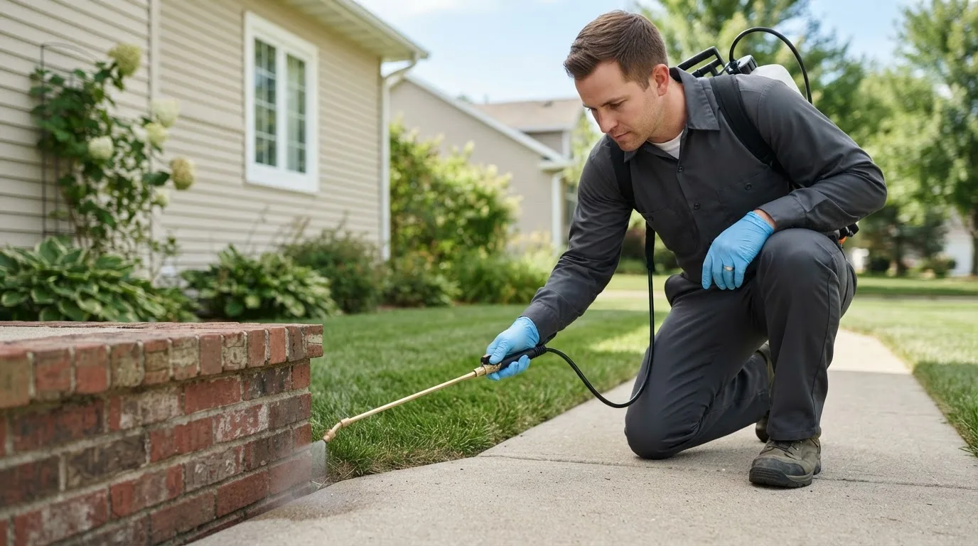 Pest control technician treating a home near Edgewood, TX